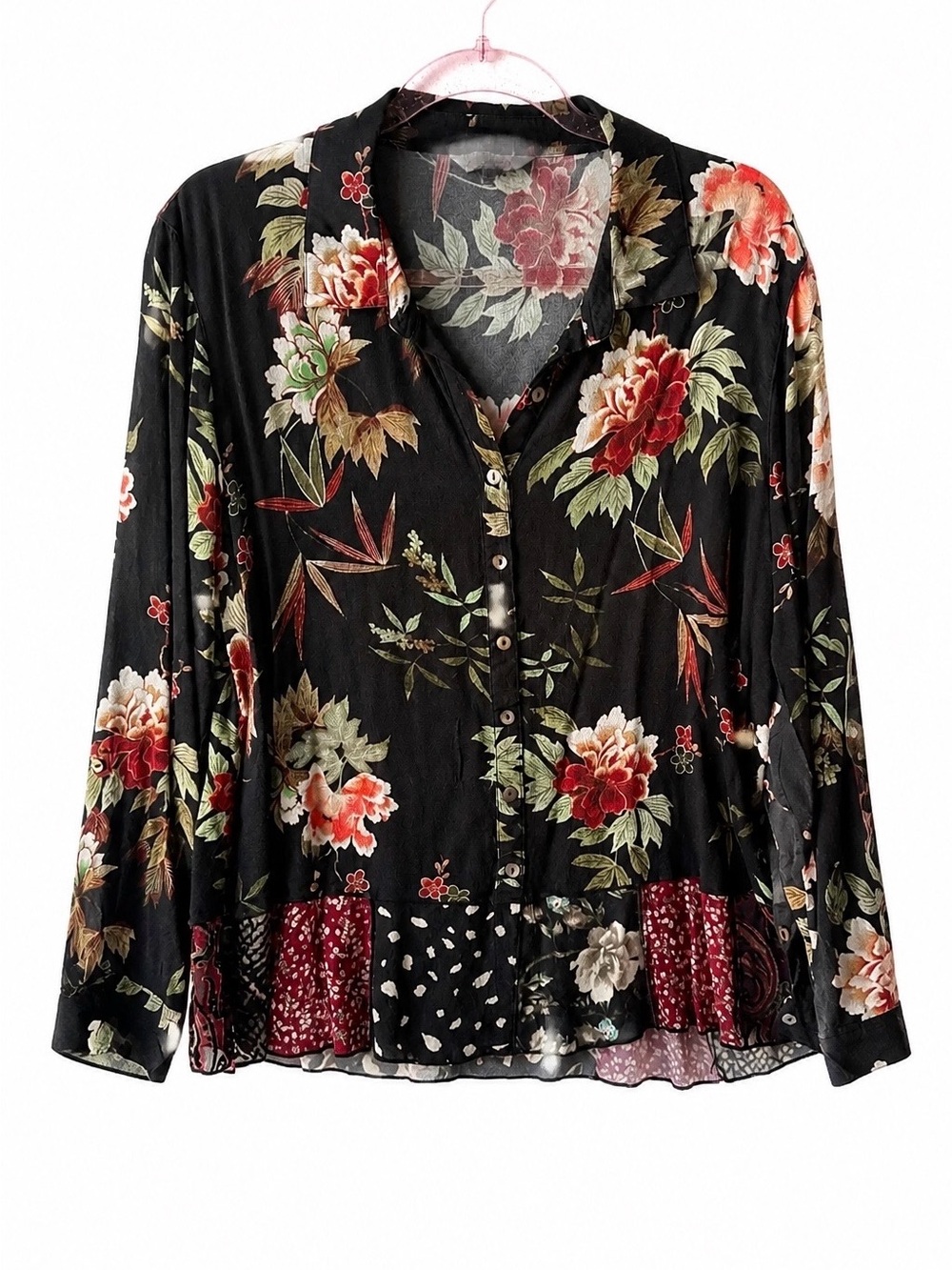 John Mark Black Floral Button-Down Blouse